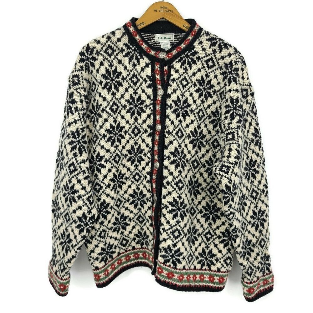 LL Bean Wool Blend Nordic Fair Isle Cardigan Sweater Womens Large Snowflake USA
